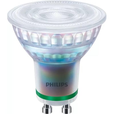 Detaljeret frontvisning af Philips MASTER Ultra Efficient LED spot med synlig Philips logo og GU10 fatning.