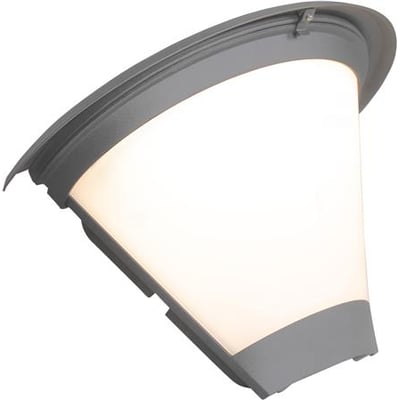 Gråt Hide-a-lite Pave-vægarmatur med opal top og tændt lysfelt, set skråt forfra.