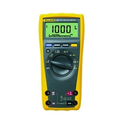 Fluke 179 digitalmultimeter med gul beskyttelseskappe, drejeknap, måleindgange og display.