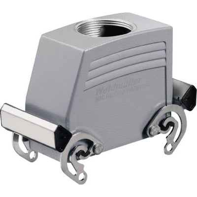 Weidmüller HDC kabelhus størrelse 6 i grå metal med PG29 topindgang og to låsebøjler.