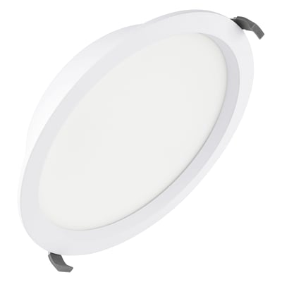 LEDVANCE Comfort HE Multi Lumen-downlight, hvid med rund opal diffuser og synlige monteringsclips, 36 W og 5580 lm.