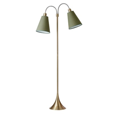 Nielsen Light Fodgænger gulvlampe i messing antik med to grønne tekstilskærme, vist samlet på hvid baggrund.