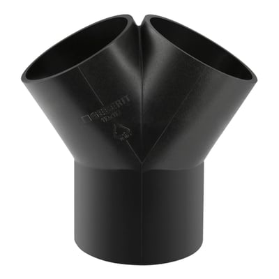 Geberit PEH buksegrenrør i sort plast med 60° vinkel og dobbelte 40mm udgange til 50mm rør.