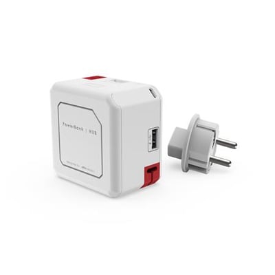 Hvid PowerCube USB Hub med 5000 mAh batteri, vist med et aftageligt stik på en hvid baggrund.
