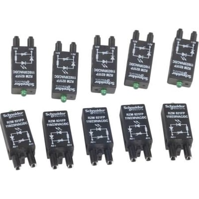 En gruppe på ti Schneider Electric varistorer med modelnummer RZM021FP til 110-230V, alle med grøn LED.