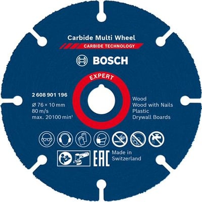 Bosch Expert Carbide Multi Wheel skæreskive med mærkning Ø76x10 mm, egnet til træ, plast og gipsvægge.