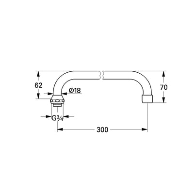 Teknisk tegning af Grohe køkkenvægbatteri tud med angivelse af mål, herunder 300 mm fremspring og 3/4" forskruning.