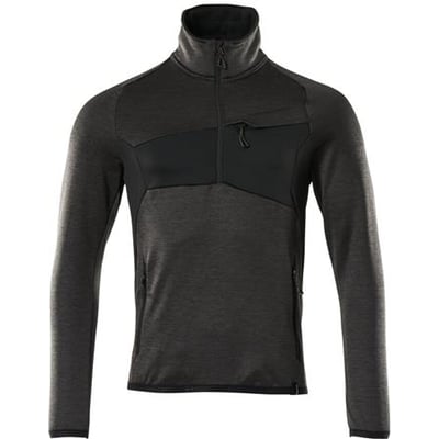 Mascot fleecetrøje i mørk antracit og sort, størrelse M, med lynlås i halsen og brystlomme.