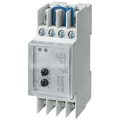 Siemens SENTRON 5TT6 understrømsrelæ med 1-faset tilslutning og justerbar strøm på 1/5/10/15A, viser ledningsterminaler og drejeknapper.