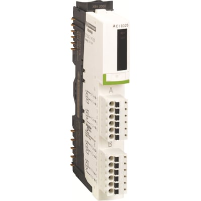 Schneider Electric STB KIT, analog indgangsmodul med 4 ANA indgange og HART-kommunikation, viser tilslutningsterminaler og statusindikatorer.