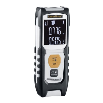 Laserliner afstandsmåler O_LR-Master i3 med 30m rækkevidde, viser display med målte værdier og knapper til betjening.