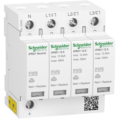Schneider Electric overspændingsafleder iPRD1 12.5 3PN med N, L1, L2 og L3 tilslutninger, hvid.