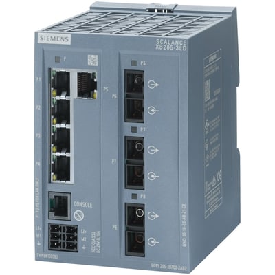 Siemens SCALANCE XB205-3LD switch med 5x 10/100 Mbit/s RJ45 og 3x singlemode FO SC-porte, console port og LED indikering.