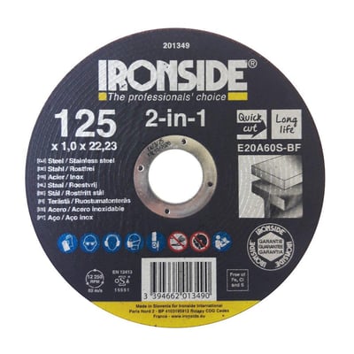 Ironside 2-in-1-skæreskive på 125 × 1,0 mm til stål og rustfrit stål, vist forfra med trykt mærkning.