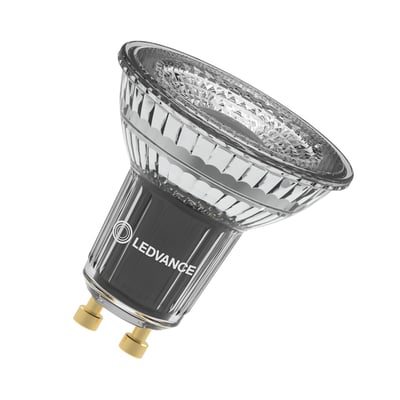 Ledvance dæmpbar PAR16 LED-lyskilde på 8 W med klar glasfront, mørk krop og GU10-stifter.