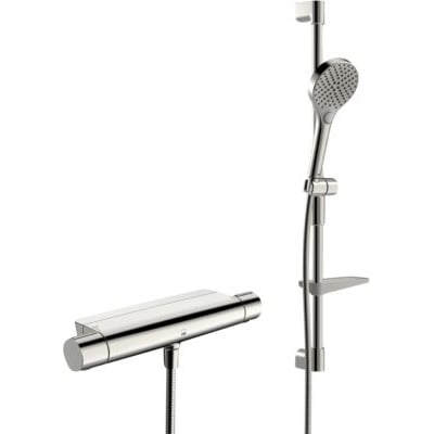 Oras Optima Style bruserarmatur i krom med termostat, brusesæt, magnetisk hylde og justerbar glider, isoleret på hvid baggrund.