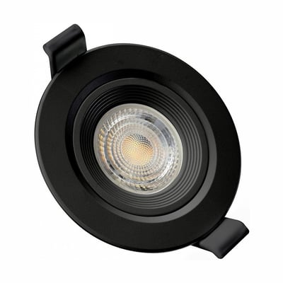 Sort, rund SpectrumLED-downlight til indbygning, vist forfra med en lysåbning i midten; leveres uden fatning og lyskilde.