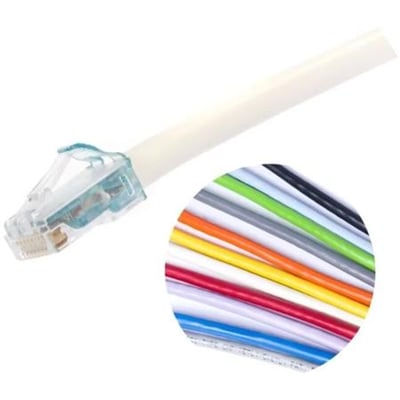 CommScope Mino6A slim K6A U/UTP-patchkabel på 19,2 meter med gennemsigtigt RJ45-stik og farvede ledere.