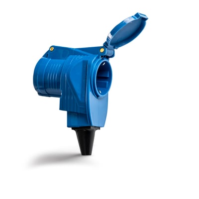 MTO Electric blåt caravan indtag med Schuko stikdåse, 16A 230V, med åben klap og hvid baggrund.