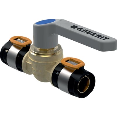 Geberit FLOWFIT kugleventil 50mm vist fra siden, med detaljeret visning af L-greb og koblingsmekanismer.