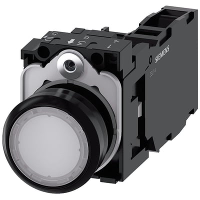 Siemens 22mm hvid, oplyst trykknap i plast med 1 NO/1 NC kontakt og 24V LED-modul.