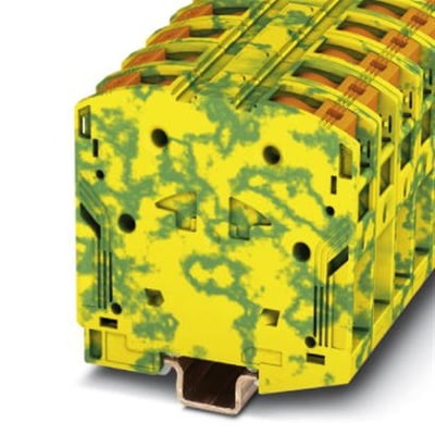 Nærbillede af Phoenix Contact jordklemme PTPOWER 95-PE, viser detaljer på den gule/grønne overflade og monteringsskinne.