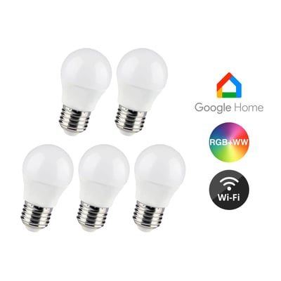 Fem V-TAC E27 5W Wifi LED-pærer med hvid kuppel samt symboler for Google Home, Wi-Fi og RGB-lys.