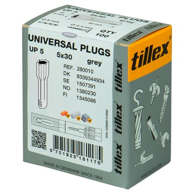 Grå Tillex Uni UP5 plugs, 5x30 mm, 100 stk. Pakke med illustrationer af brug og produktinformation.