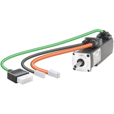 Siemens SIMOTICS S-1FL6 servomotor med grøn, sort og orange kabler tilsluttet, viser aksel og mærkat.