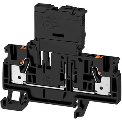 Weidmüller Sikringsklemme AFS 4 2C i sort Wemid med PUSH IN teknologi og synlige orange koblingspunkter.