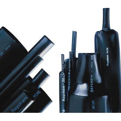 Forskellige sorte tykvæggede krympeslanger fra TE Connectivity, herunder en med lim, til forskellige rørdiametre.