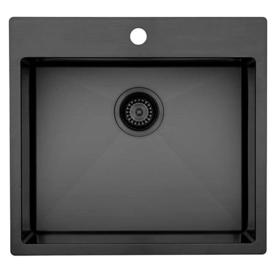 Lavabo Kubus 540 Soft køkkenvask i sort PVD Shadow, set ovenfra med firkantet kumme, hanehul og kurveventil.