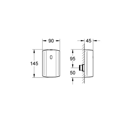 Målskitse af Grohe Tectron elektronisk urinal armatur, der viser dimensioner i mm for front- og sidevisning.