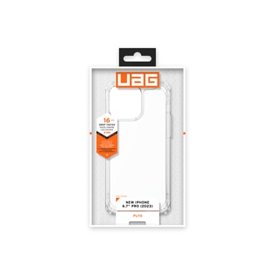 Urban Armor Gear Plyo Ice cover til iPhone 15 Pro Max i gennemsigtig TPU-emballage med produktinformation og drop-test detaljer.