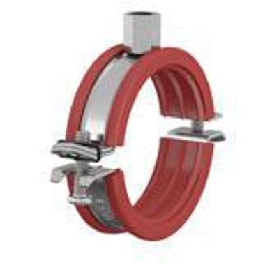 Flamco rørbøjle BSM-S i metal med rød silikoneisolering, vist med to skruer for sikker fastgørelse til M8-M10 gevind og 1.1/4" rør.