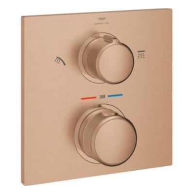 Grohe Allure New Rapido T indbygningstermostat i børstet Warm Sunset med to runde betjeningsgreb på en kobberfarvet plade.