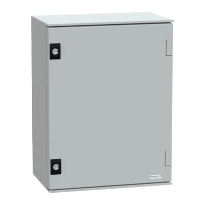 Et Schneider Electric vægskab model 7035 i grå polyester, med målene 430x330x200 mm, står frit på hvid baggrund.