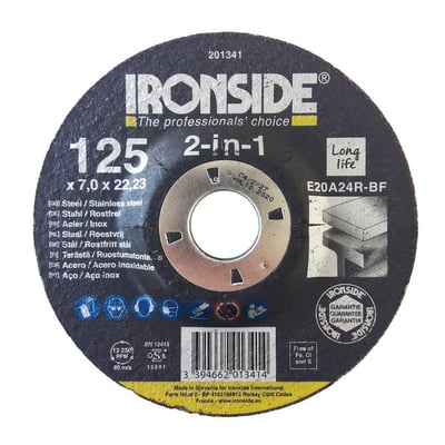 Ironside 2-in-1 skrubskive, sort og rund med centerhul, mærket 125 × 7 mm til stål og rustfrit stål.