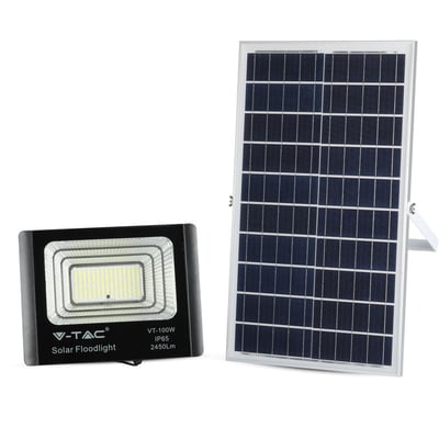 V-TAC 35W solpanel LED projektør og tilhørende solpanel på neutral baggrund, vist i en pakke.