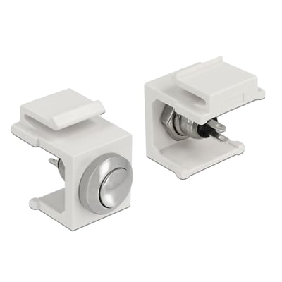 Delock Keystone trykknap, hvid med en kromfarvet knap, vist fra to vinkler på hvid baggrund.