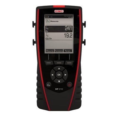 Kimo MP210G differenstrykmanometer med sort og rød kappe, viser et multifunktionsdisplay med måleværdier.