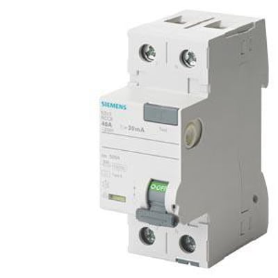 Kompakt Siemens 2-polet fejlstrømsafbryder type A, 25A, 10mA, præsenteret isoleret på en hvid baggrund.