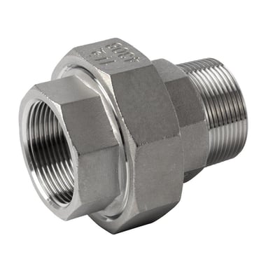 Union mf/np sf PTFE pak, 1 1/4" AISI 316 gevindfitting med muffe og udvendig gevind i rustfrit stål på hvid baggrund.