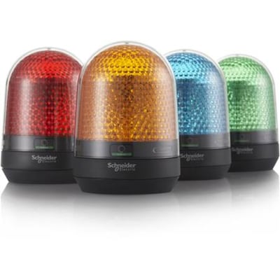 Fire Schneider Electric signallamper med LED, Ø100mm, i farverne rød, orange, blå og grøn.
