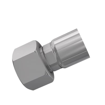Parker 10648 indstik i stål til 3/8-tommers slange med JIC 37°-tilslutning og 9/16" x 18 UNF-omløber, set skråt.