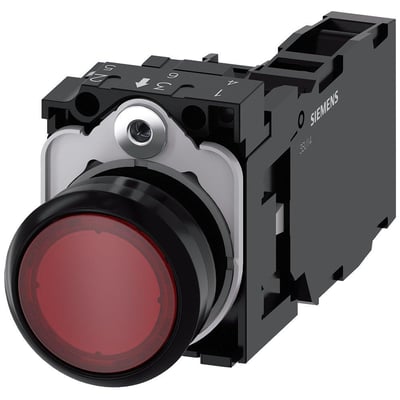 Siemens rund, rød, 22mm trykknap med 1NO 1NC kontakt og 230V LED-modul.