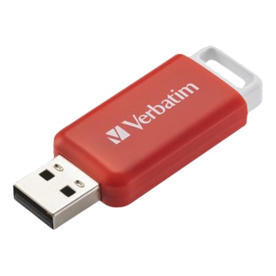 Verbatim DataBar USB 2.0-drev på 16 GB i rød med synligt USB-stik og hvid ophængsring.