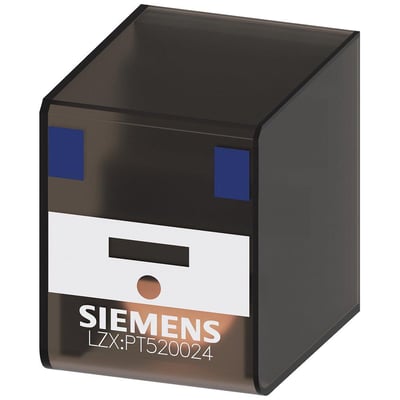 Siemens SIRIUS LZX PT5 stikbensrelæ med 4CO kontakter og 24VDC spolespænding, vist uden testbeslag på mørk baggrund.