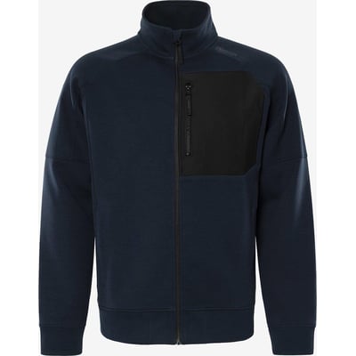 Fristads Kansas sweatjakke i mørk marine, str. XS, med fuld lynlås og en sort brystlomme med lynlås.