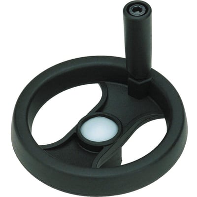 Nærbillede af DeWalt Type 206 håndhjul, viser det drejelige ballegreb og den udvendige diameter på 100mm, med et indstøbt stålnav.